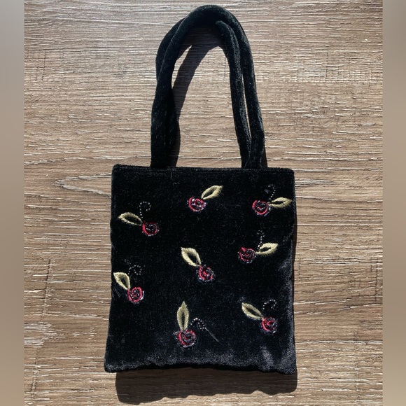 Petite Black Velvet Handbag w/ Beaded Flowers - Picture 1 of 2